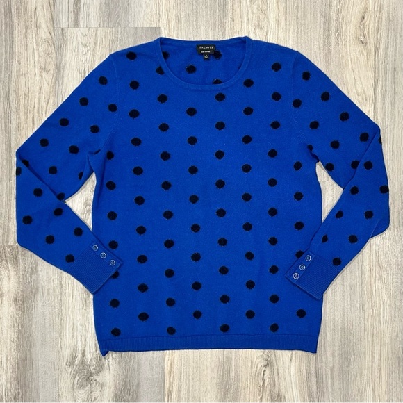 Talbots 100% Pure Cashmere Button Cuff Crewneck Sweater Blue Black Dots Size L - Picture 1 of 7
